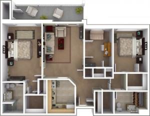 The Morris Floor Plan - 2 bedroom, 2 bath with den, one of three featured apartment homes.
