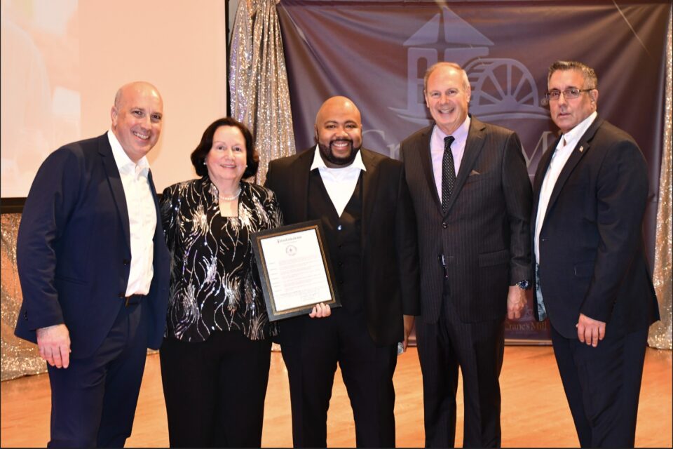 Colleen Frankenfield, LSMNJ CEO, with CJ Williams, Crane's Mill Executive Director, with Mayor Joseph Tempesta and staff